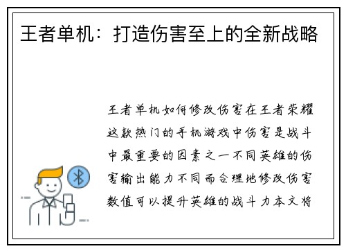 王者单机：打造伤害至上的全新战略